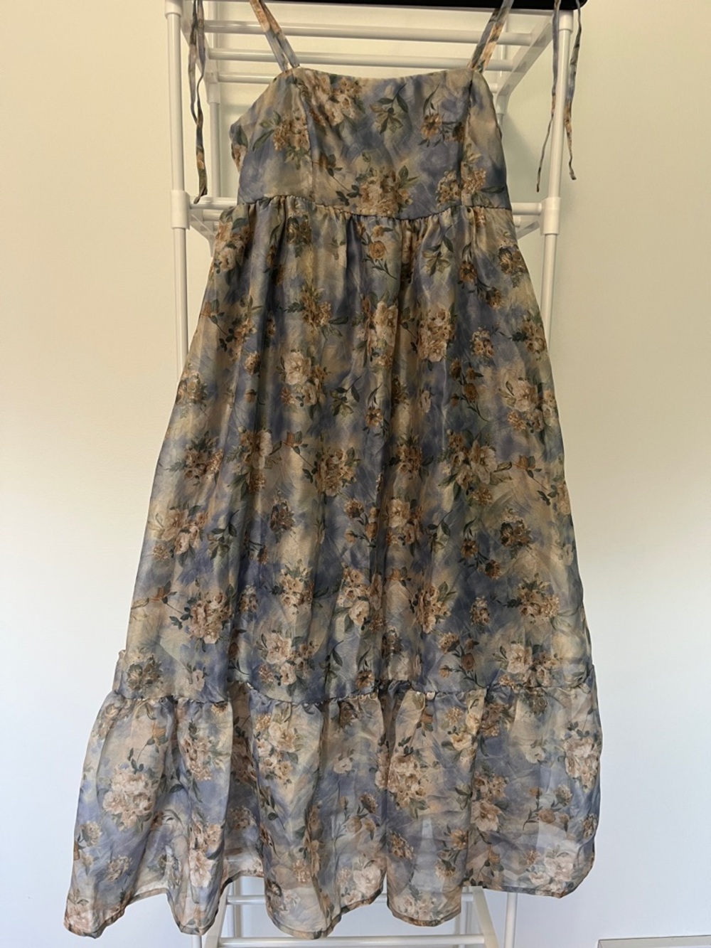 Wild Fable Blue Floral Organza Babydoll Tiered Midi Dress